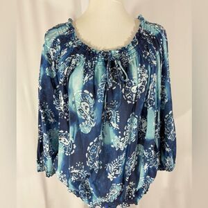 Chaps Denim Tie Dye Paisley Long Sleeve Top